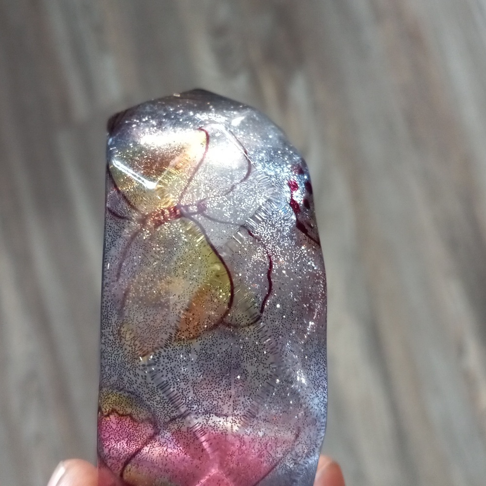 Vintage Chunky Lucite Faceted Resin Bangle Silver Glitter Multicolor Butterfly - Picture 4 of 13